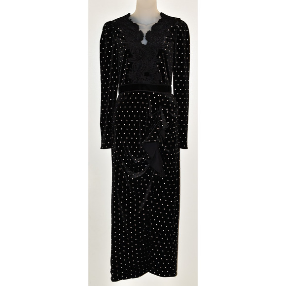 SELF PORTRAIT Black Velvet Diamante Rhinestone Lace Trim Midi Long Dress US 2